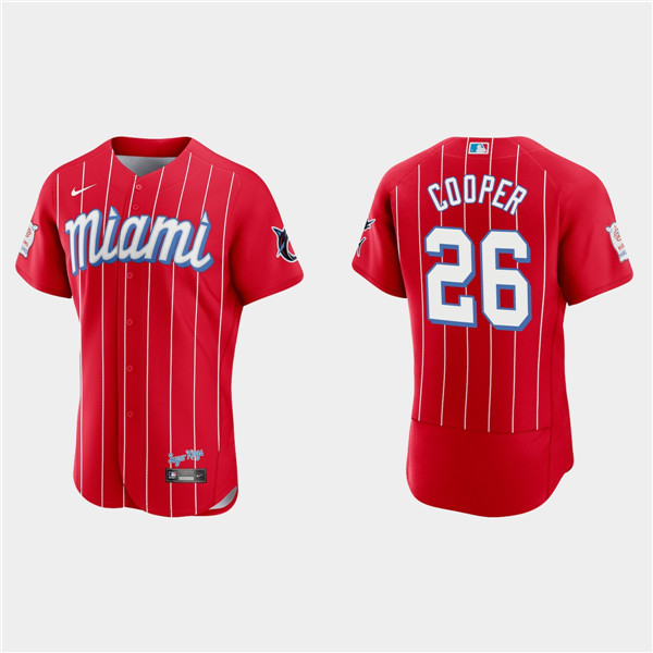 Men's Miami Marlins #26 Garrett Cooper Red 2021 City Connect Flex Base Stitched MLB Jersey